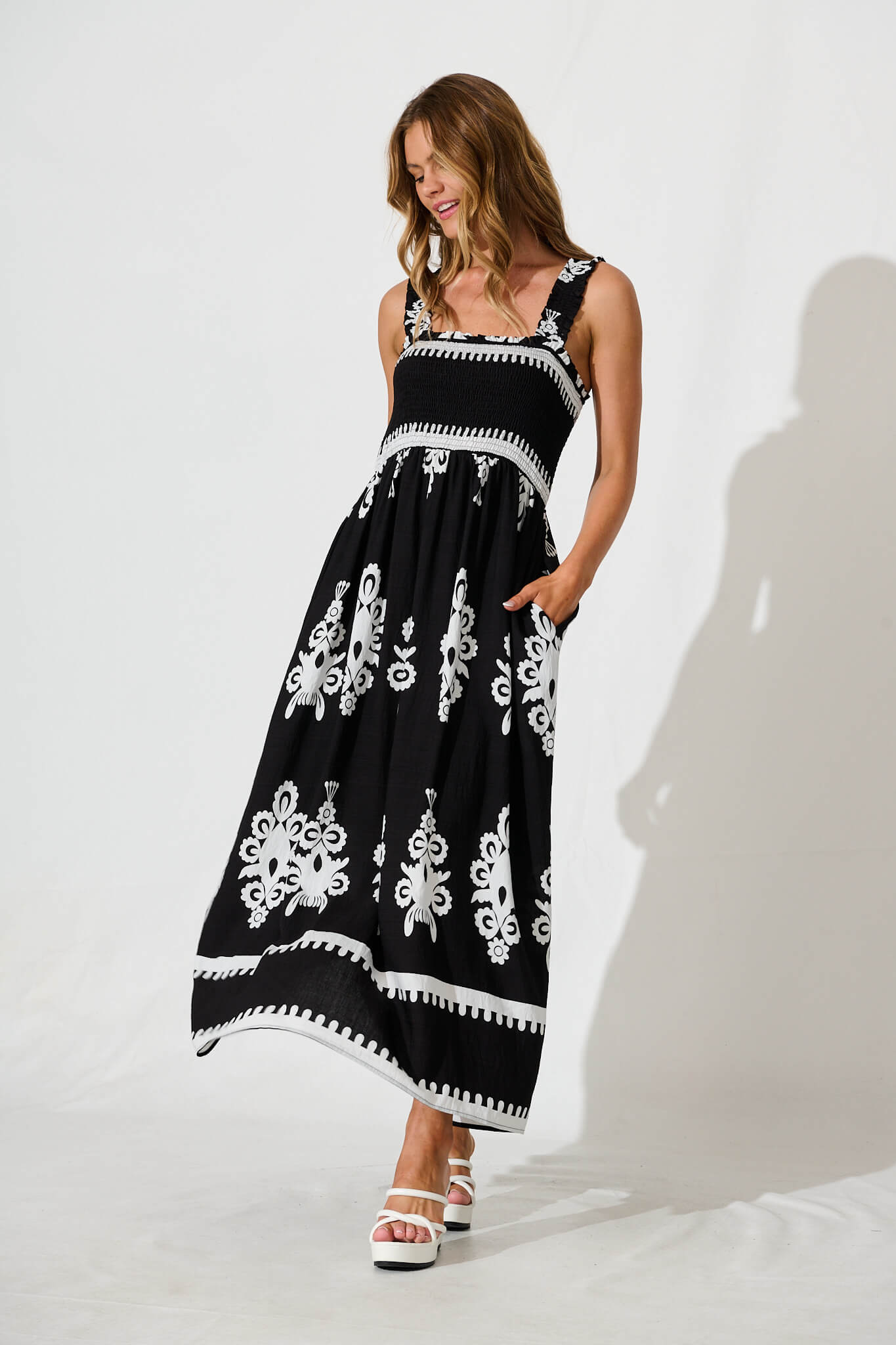 Evanston Maxi Dress In Black With White Print