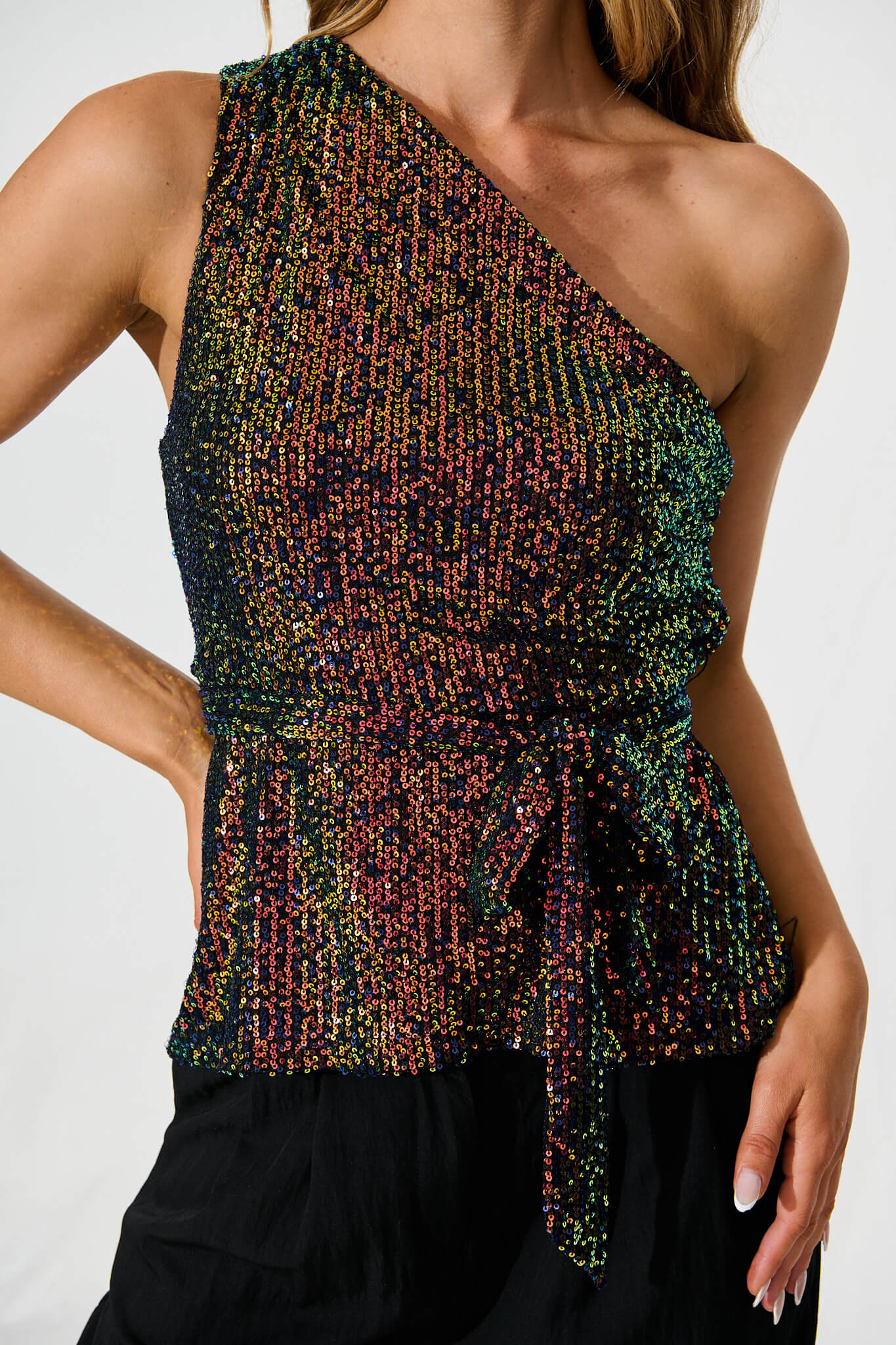 Evening Star One Shoulder Top In Multi Sequin
