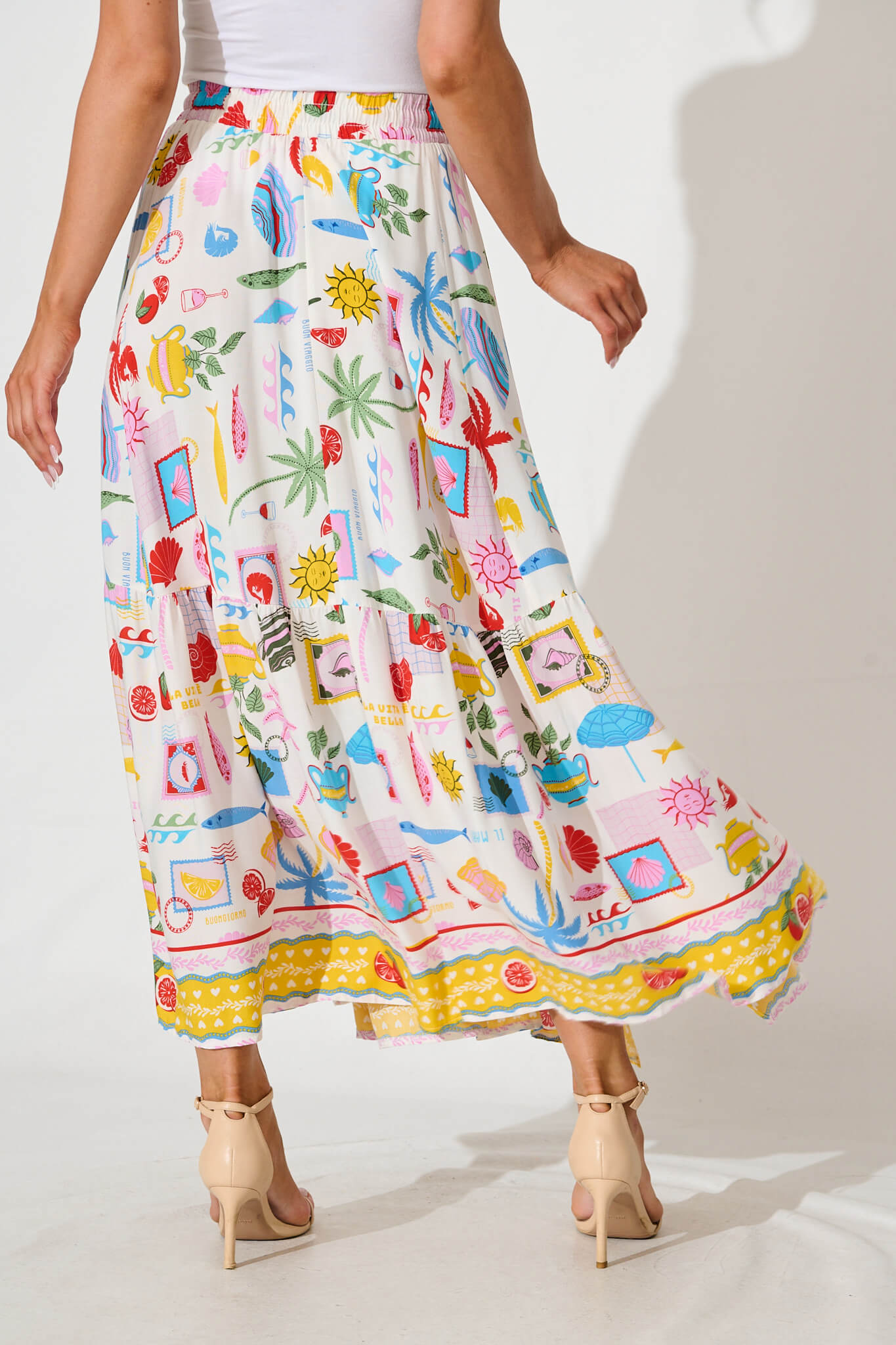 Dema Maxi Skirt in White with Multi Tropical Print