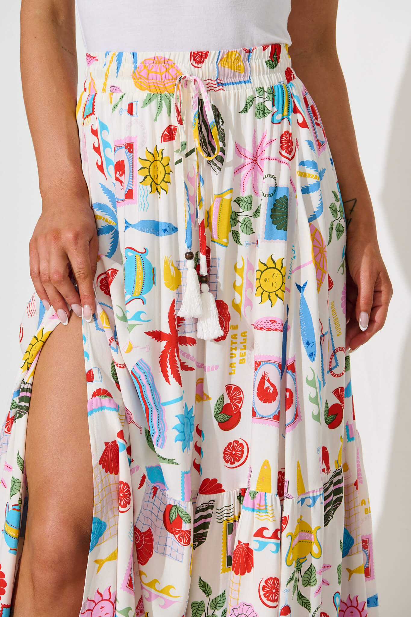 Dema Maxi Skirt in White with Multi Tropical Print