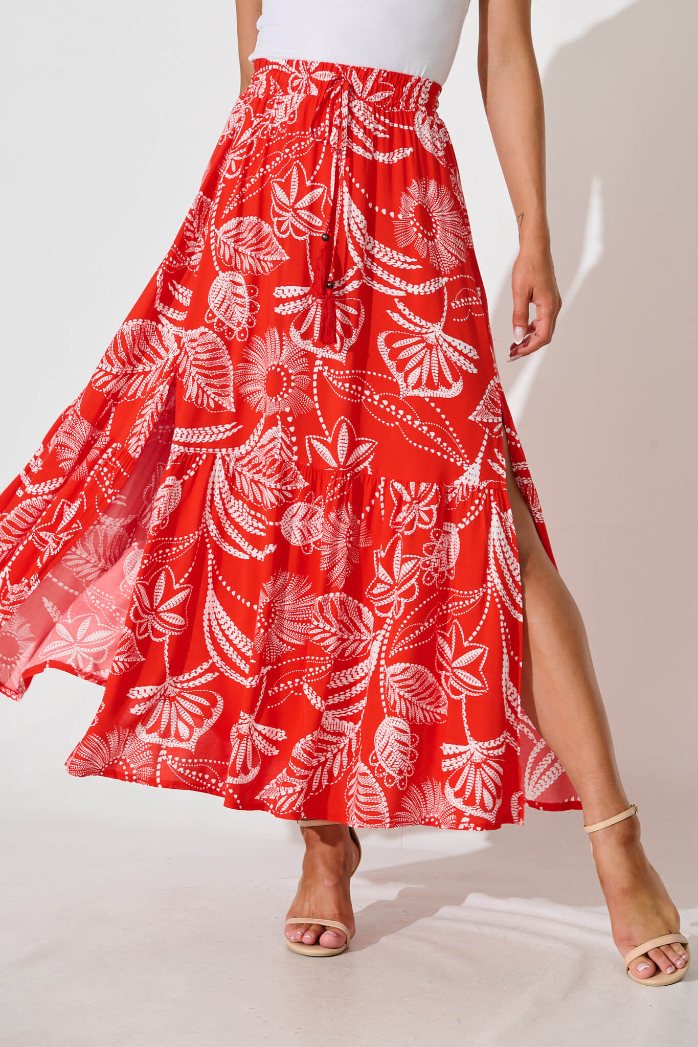 Bilboa Maxi Skirt in Red with White Print