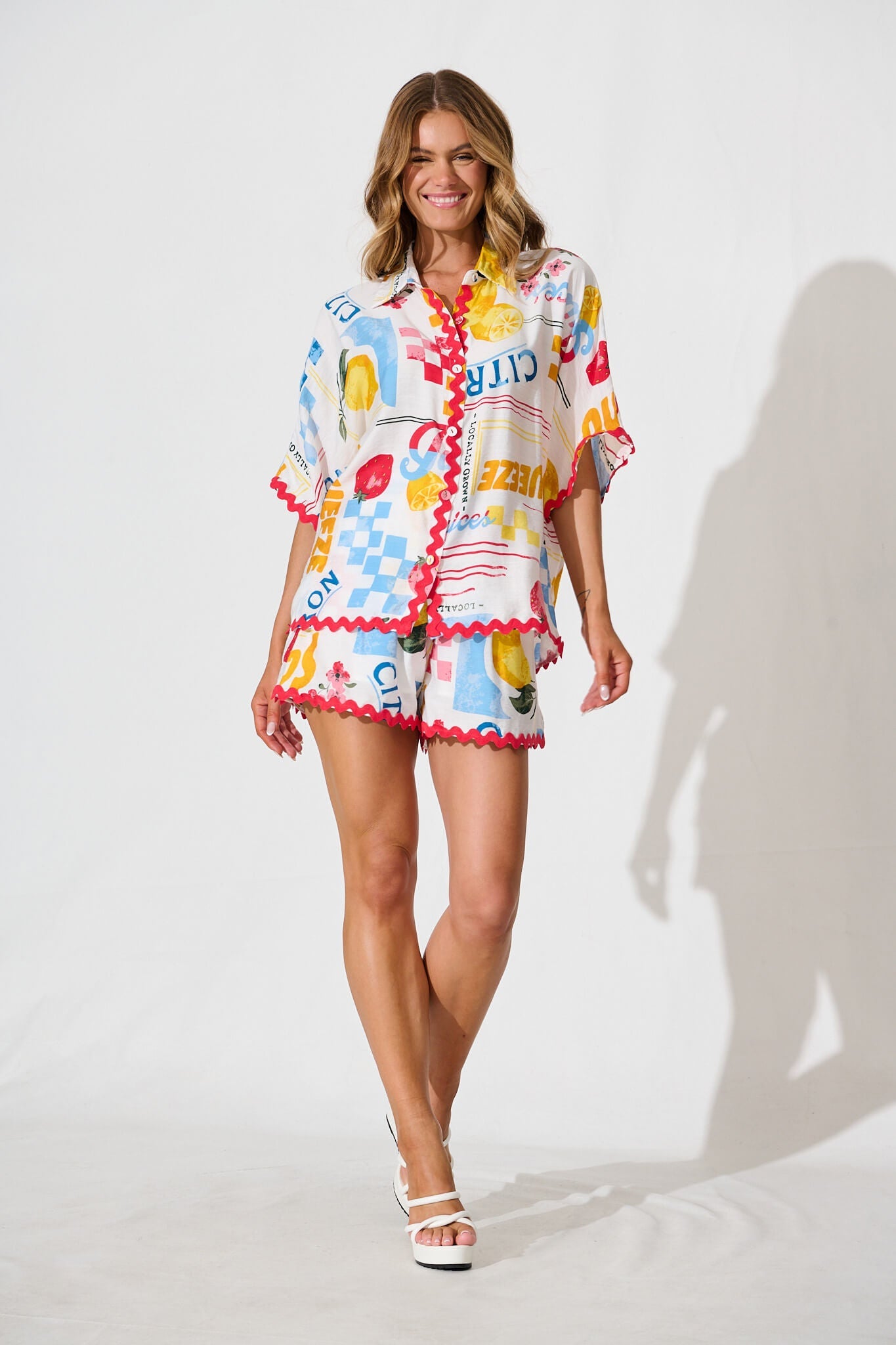 Dream Girl Shirt In White Lemon Print Ric Rac Trim