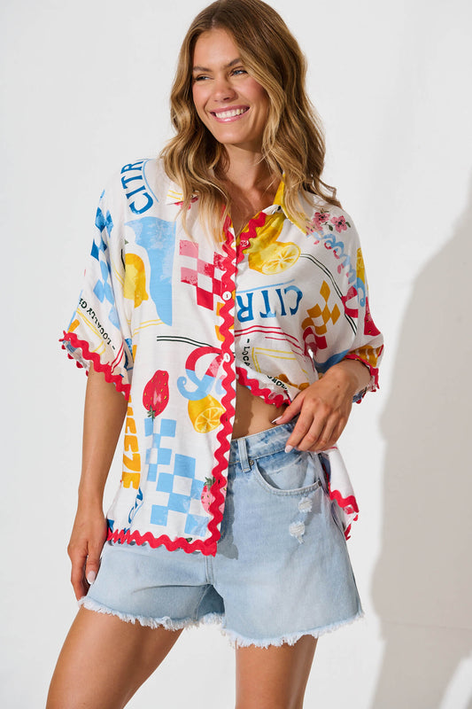 Dream Girl Shirt In White Lemon Print Ric Rac Trim