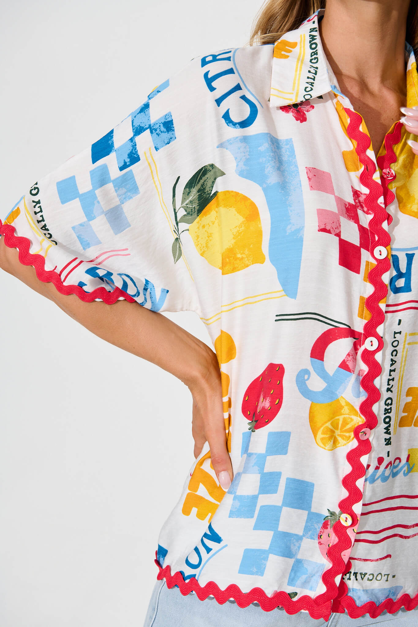Dream Girl Shirt In White Lemon Print Ric Rac Trim