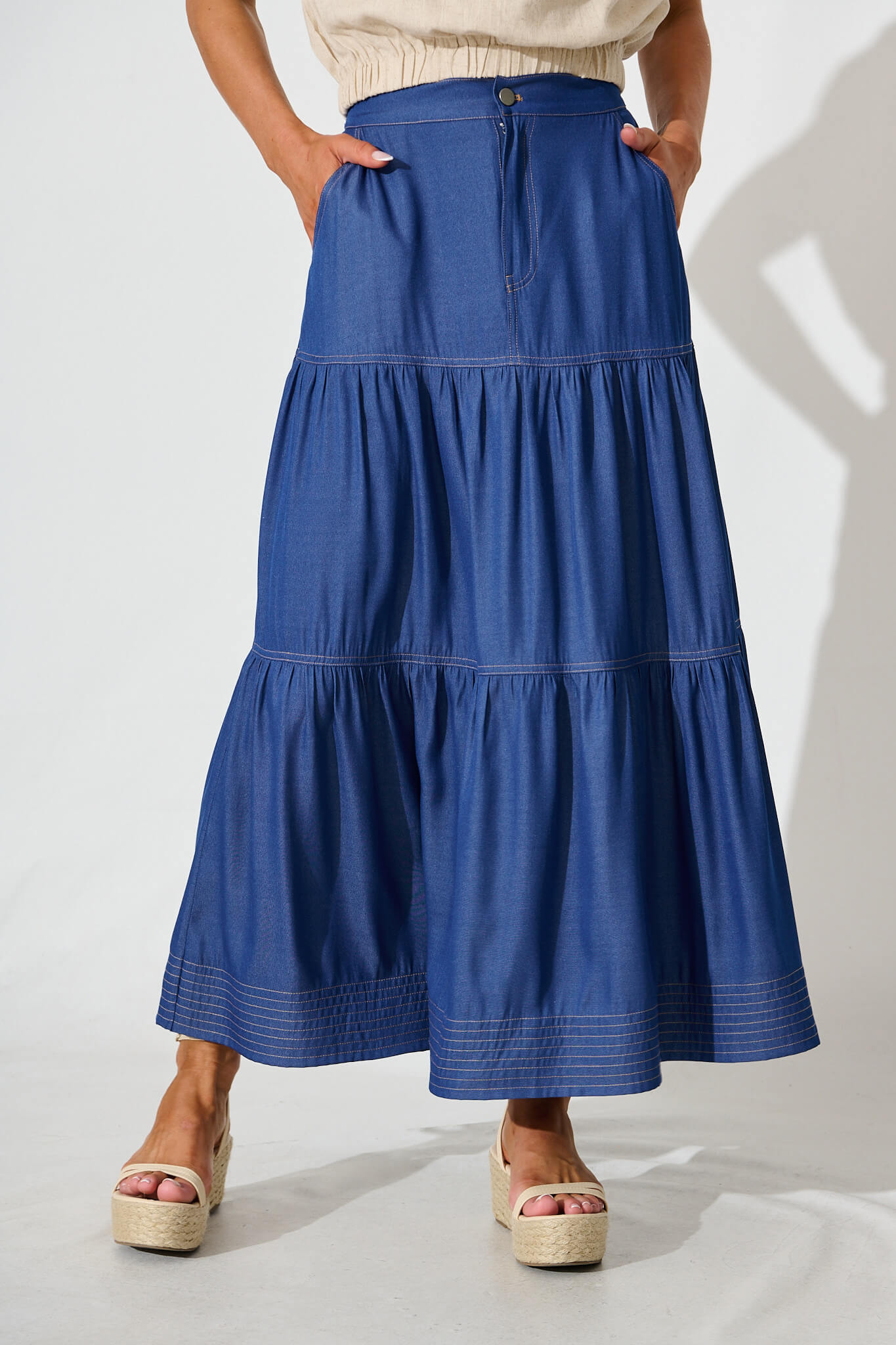 Adelina Maxi Skirt In Blue With Contrast Stitch