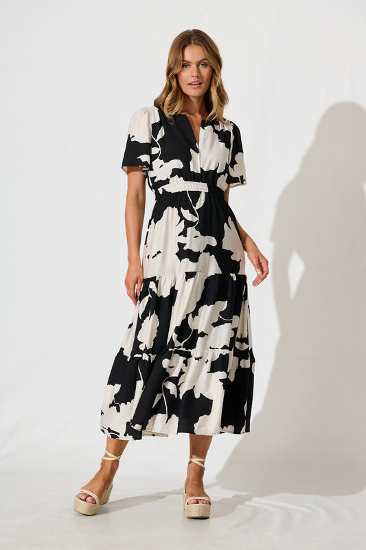 PRE ORDER Queeva Midi Dress in Black with Cream Floral