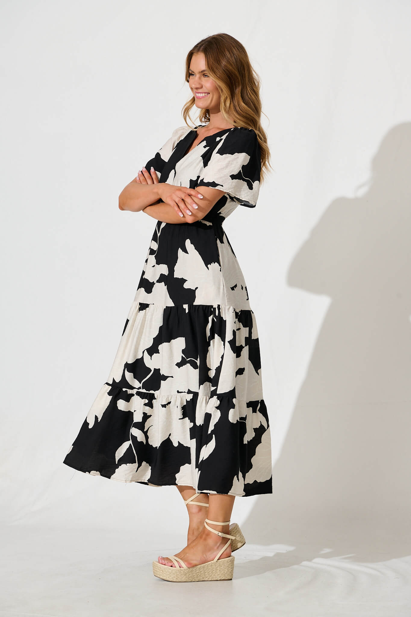 PRE ORDER Queeva Midi Dress in Black with Cream Floral