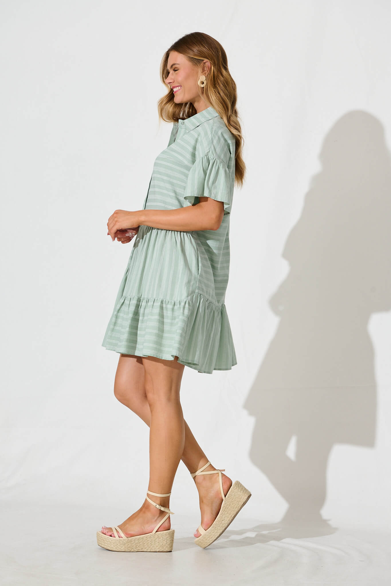 Freya Shirt Dress In Sage Green With White Stripe