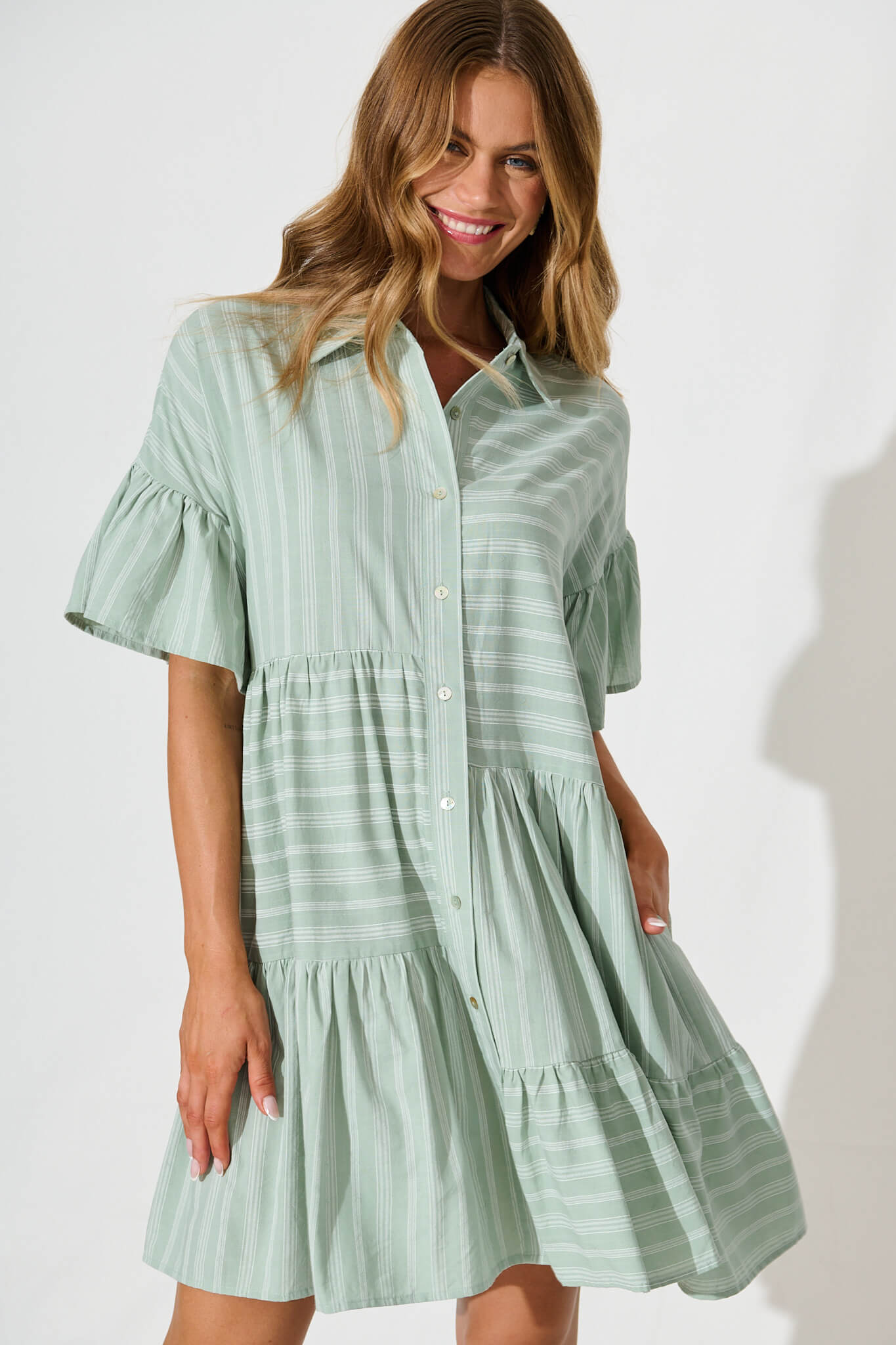 Freya Shirt Dress In Sage Green With White Stripe
