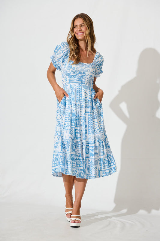 Blythe Midi Dress in Blue with White Print