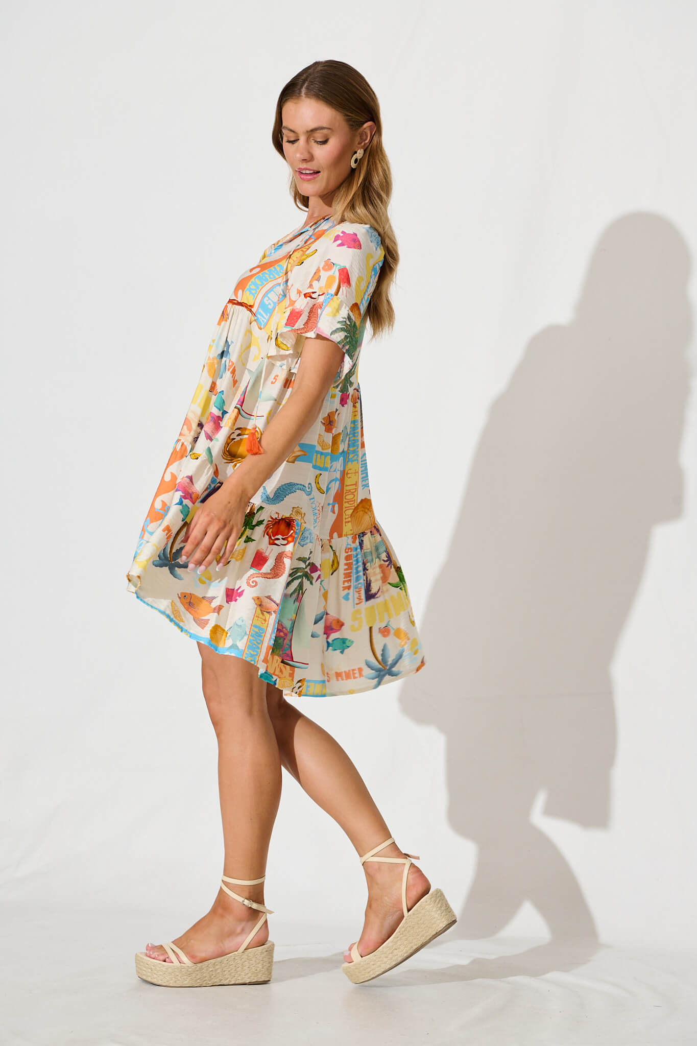 Tahnee Smock Dress In Cream With Multi Summer Print