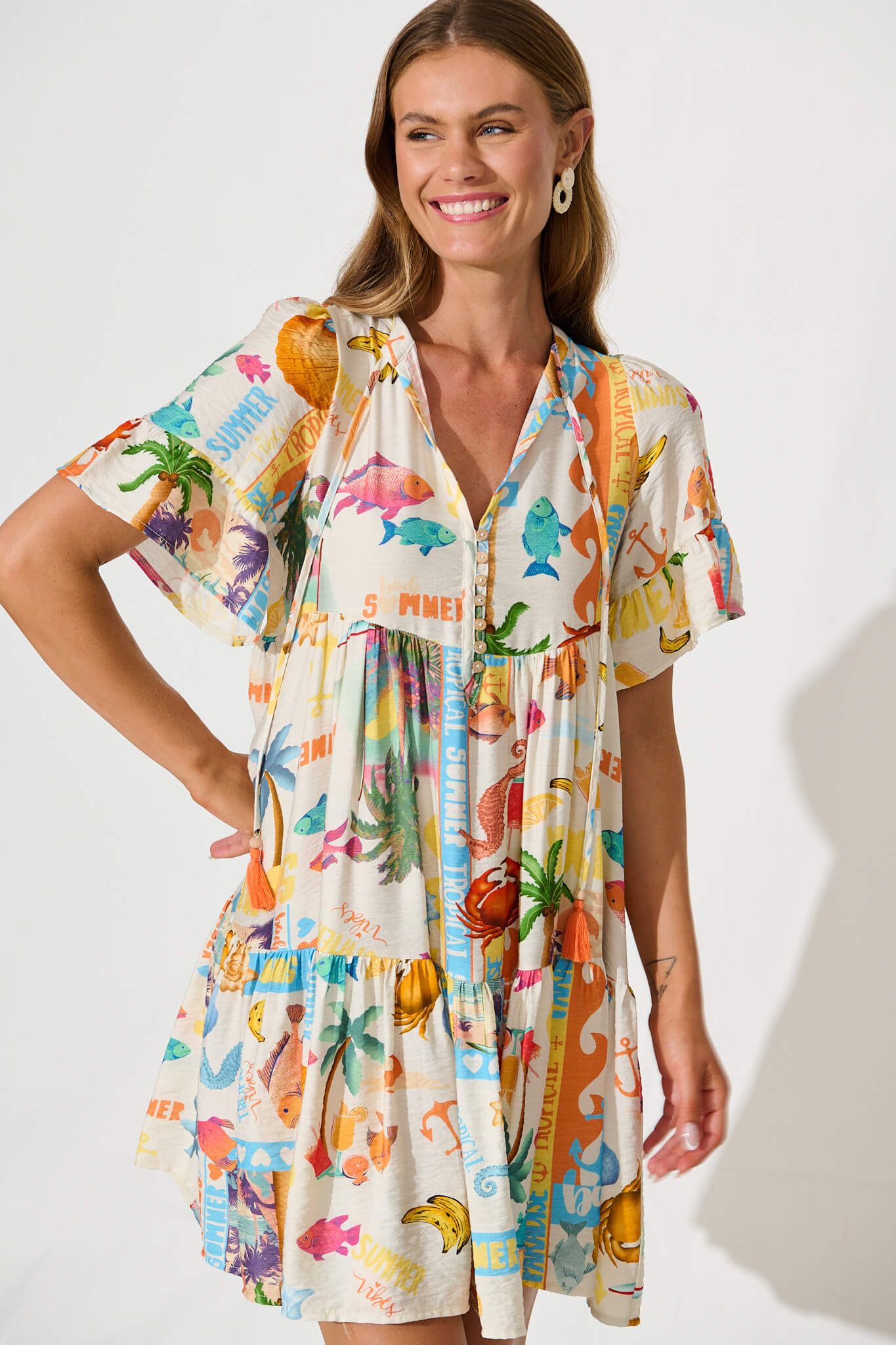 Tahnee Smock Dress In Cream With Multi Summer Print