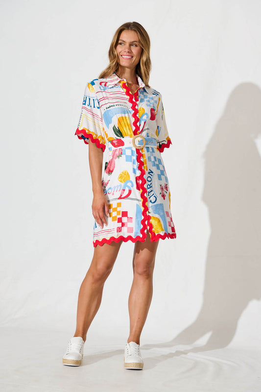 Maroa Shirt Dress in White Lemon Print Ric Rac Trim