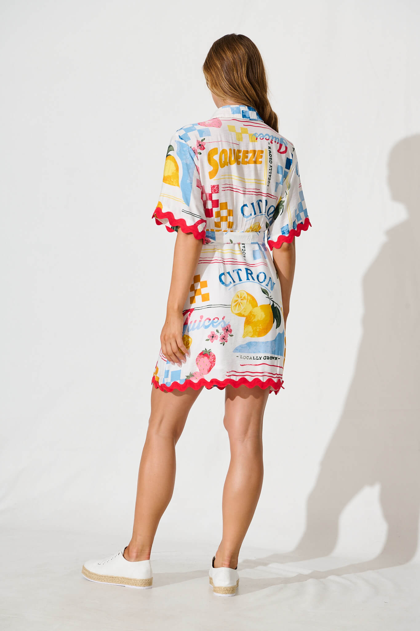Maroa Shirt Dress in White Lemon Print Ric Rac Trim