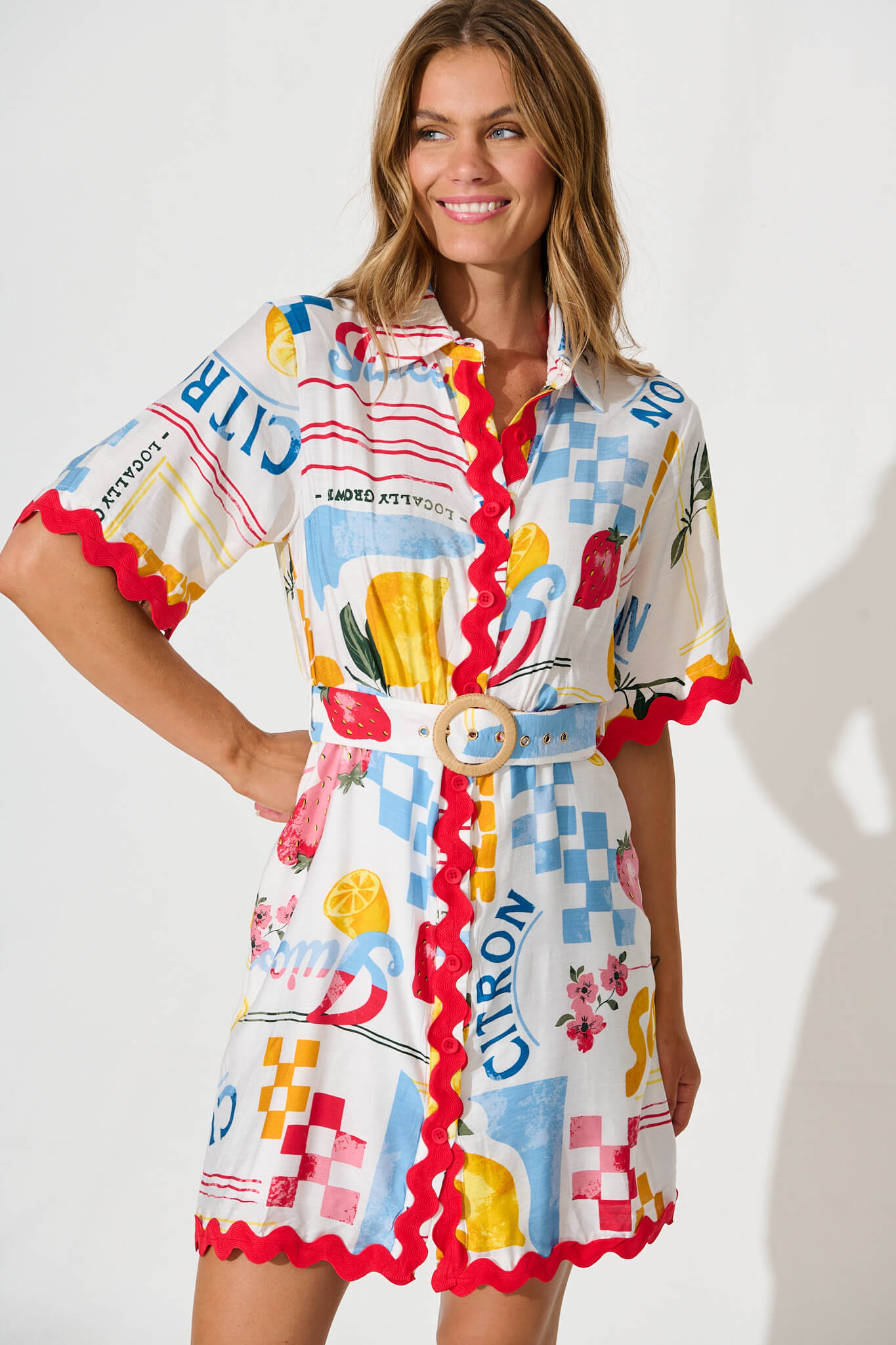 Maroa Shirt Dress in White Lemon Print Ric Rac Trim