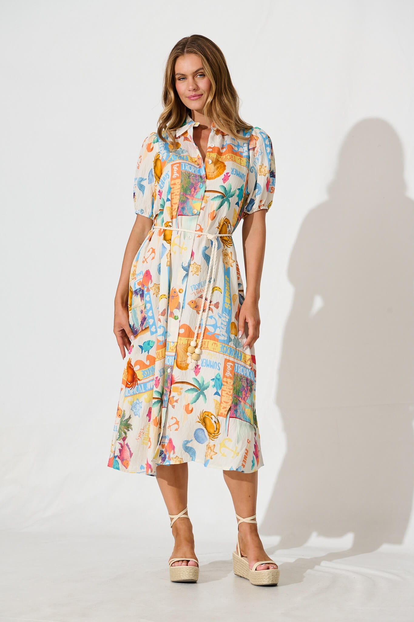 Dearest Midi Shirt Dress In Cream With Multi Summer Print