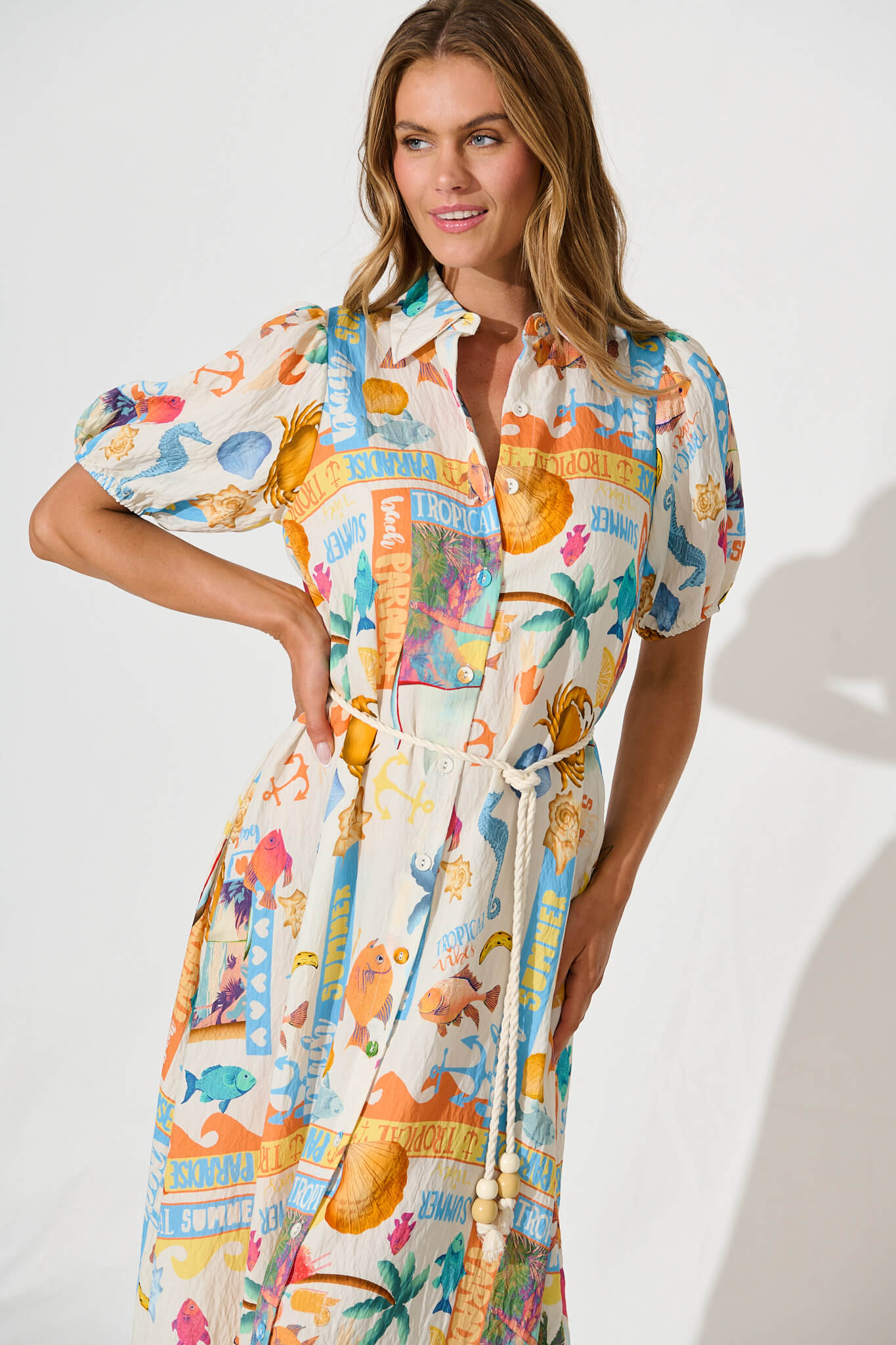 Dearest Midi Shirt Dress In Cream With Multi Summer Print
