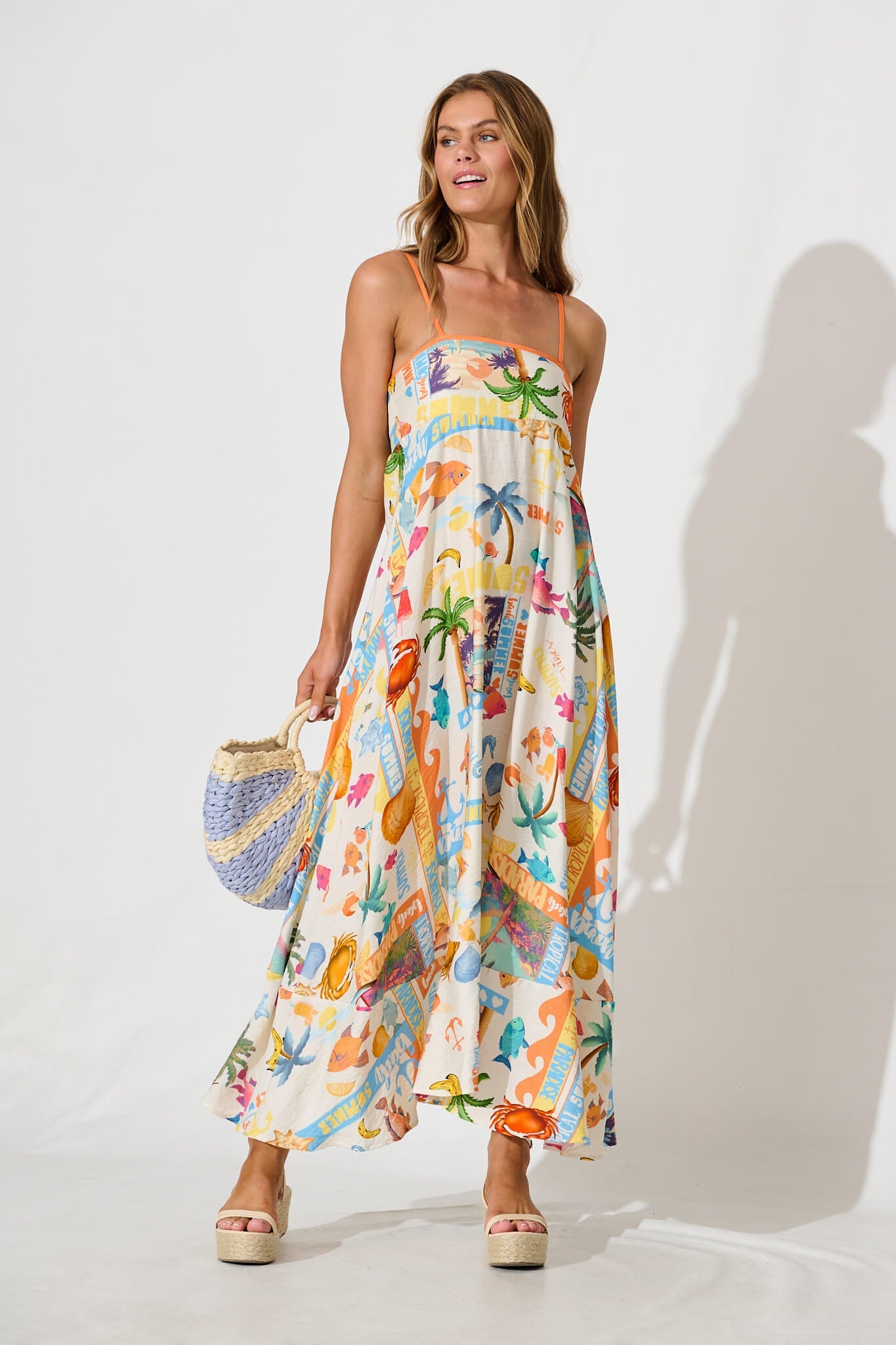 Hanalei Midi Sundress in Cream with Multi Summer Print