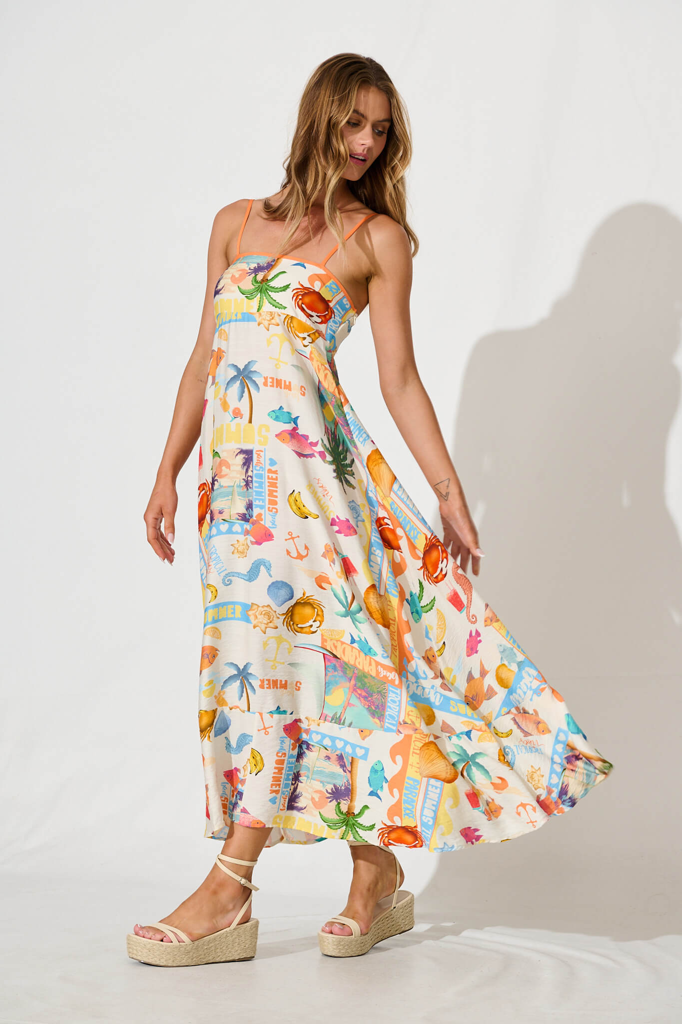 Hanalei Midi Sundress in Cream with Multi Summer Print
