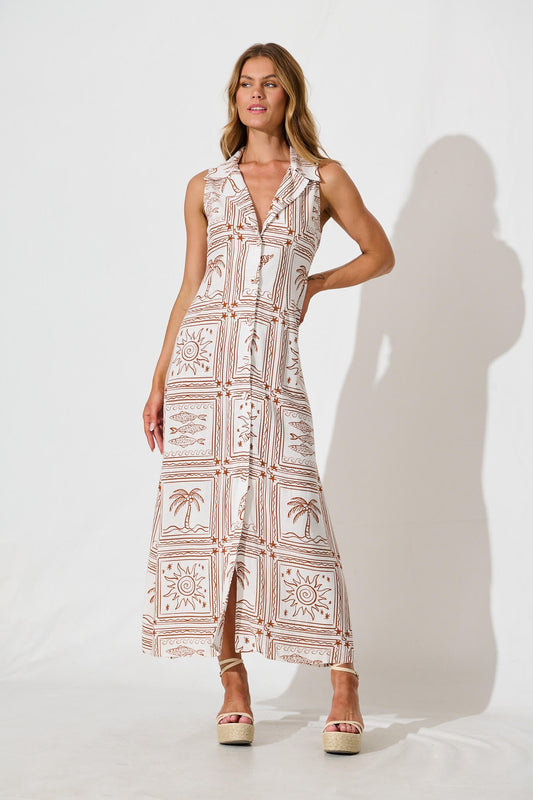 Remember Maxi Shirt Dress in White and Rust Linen Blend