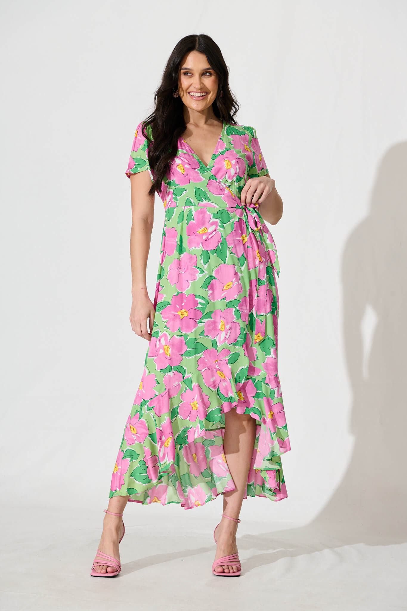 Naira Midi Wrap Dress in Green and Purple Floral
