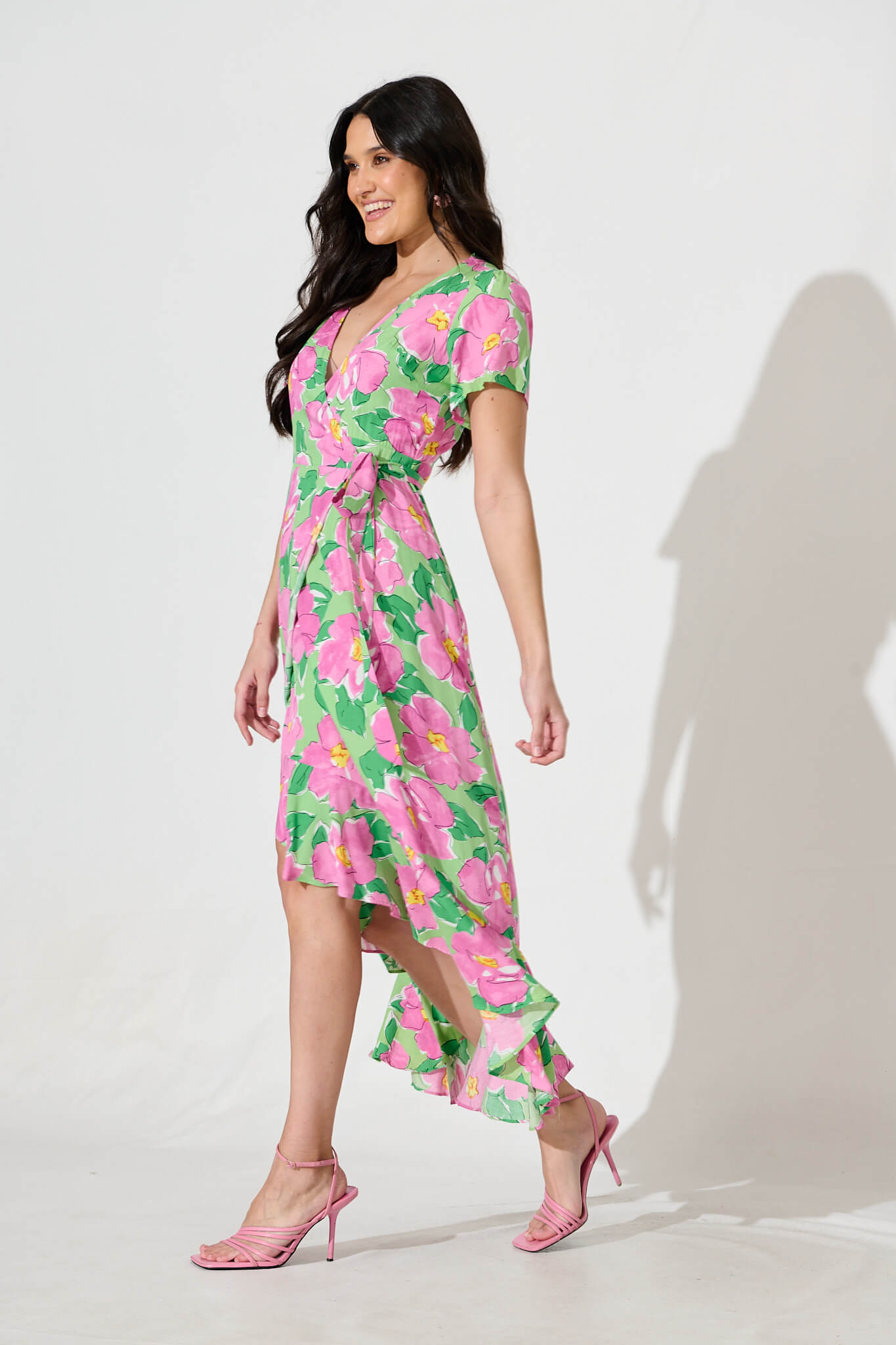 Naira Midi Wrap Dress in Green and Purple Floral