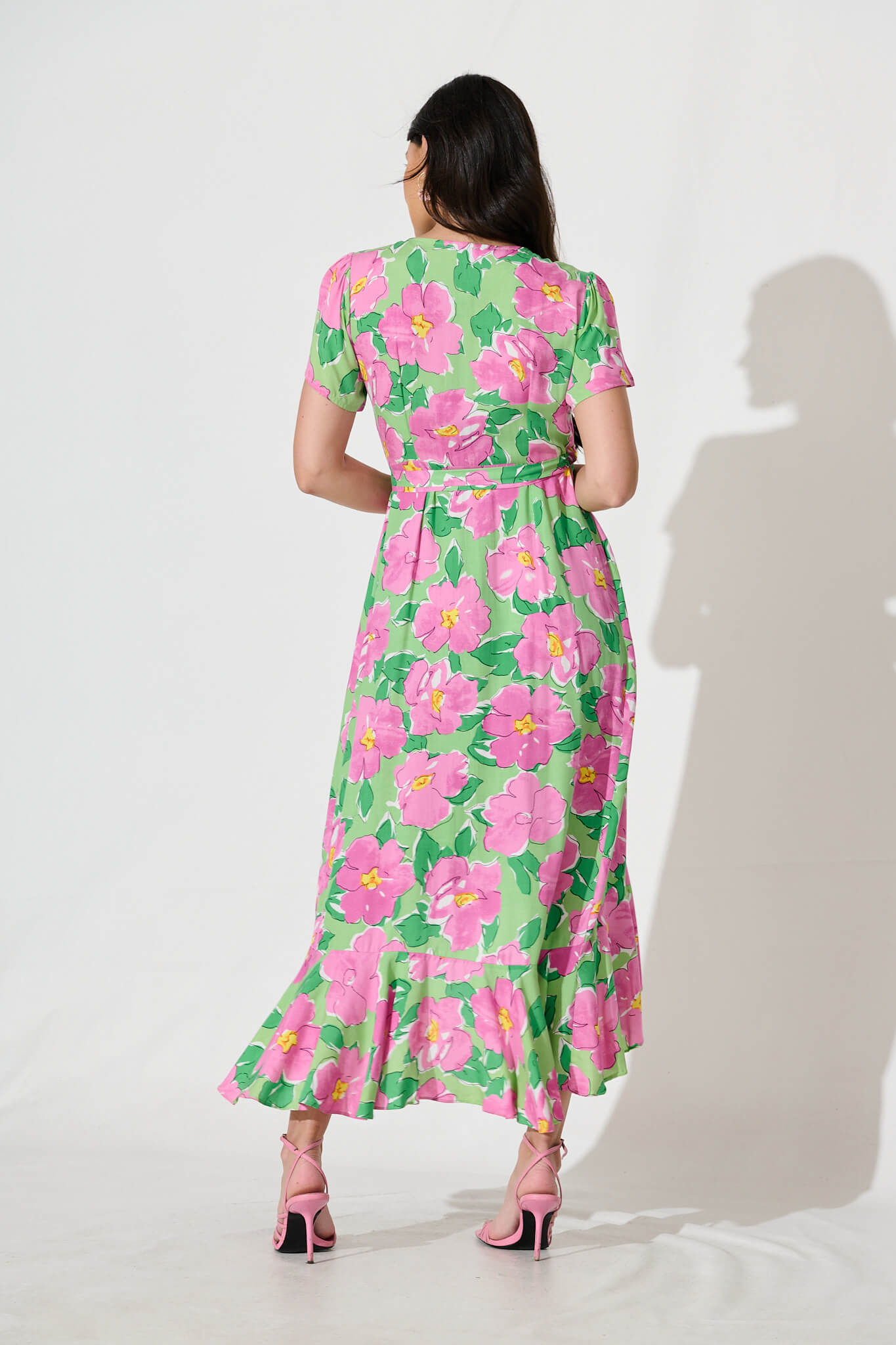 Naira Midi Wrap Dress in Green and Purple Floral