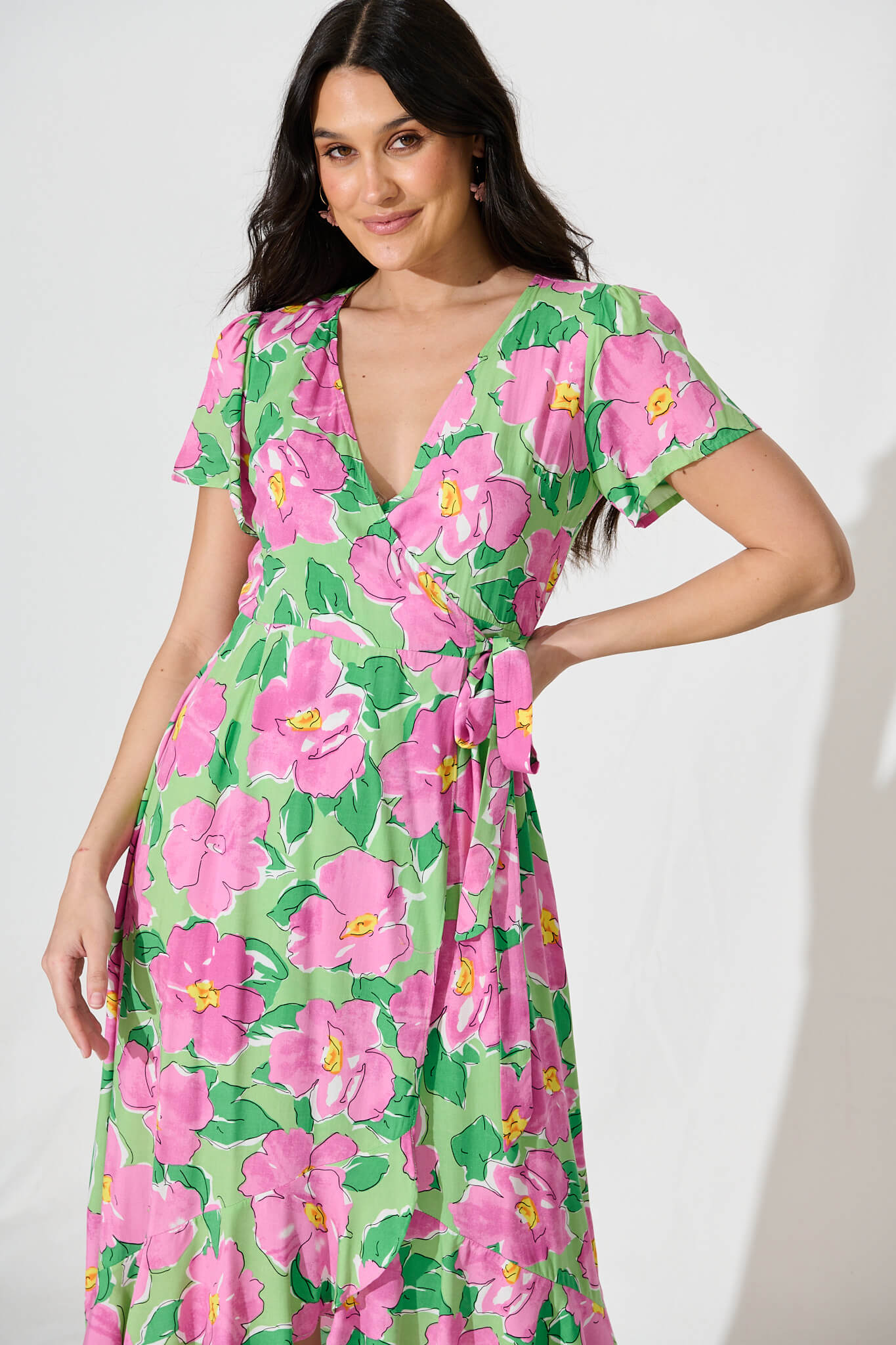 Naira Midi Wrap Dress in Green and Purple Floral