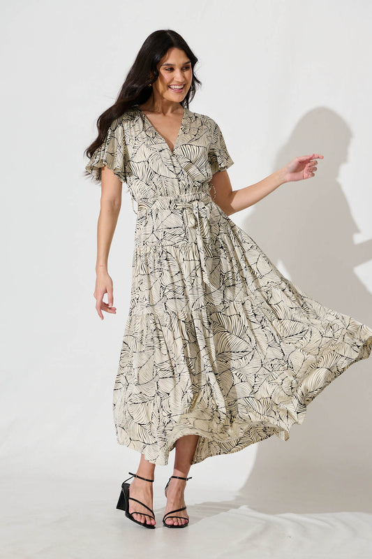 Heidi Maxi Dress in Cream with Black Leaf Satin