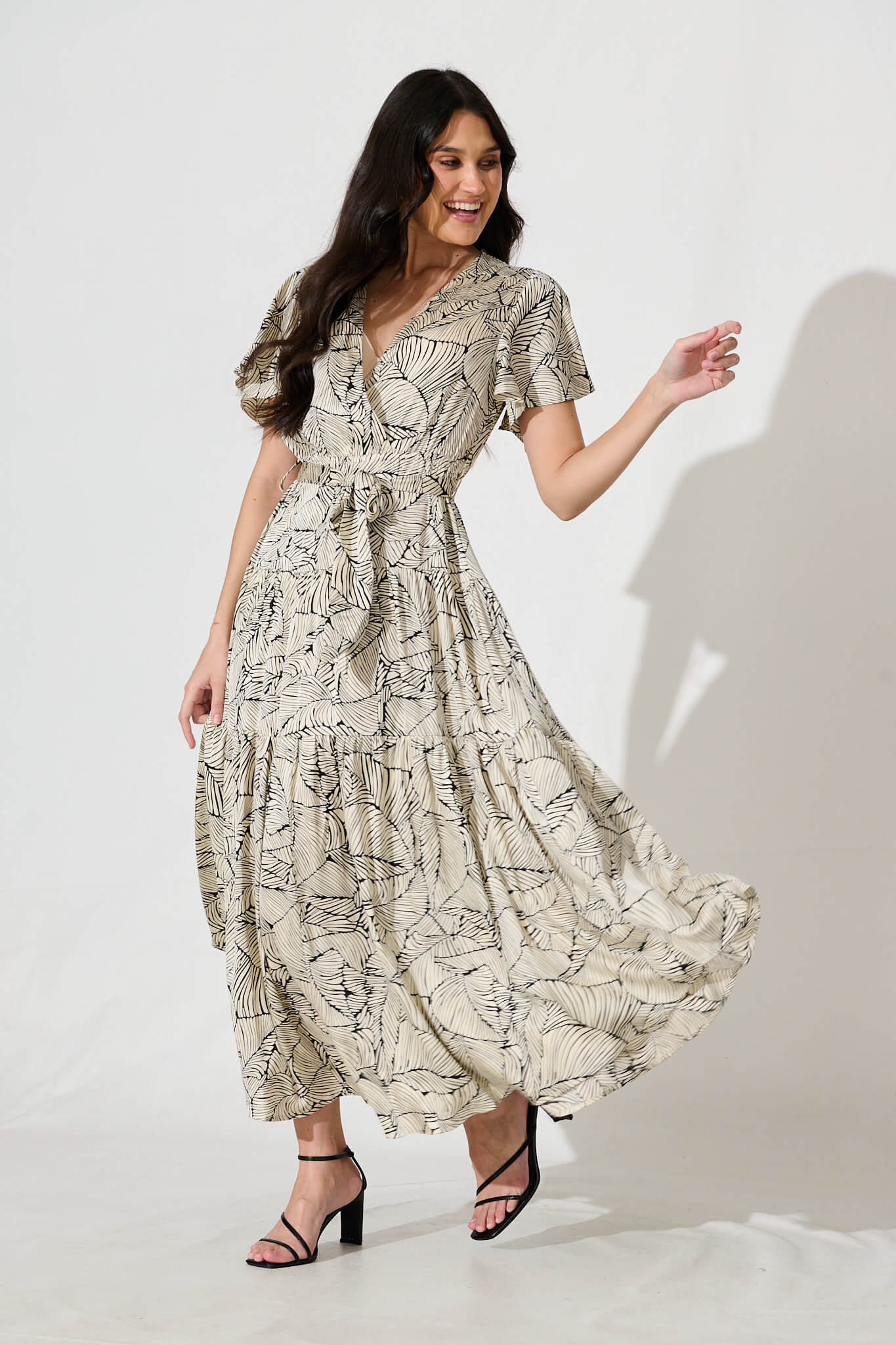 Heidi Maxi Dress in Cream with Black Leaf Satin