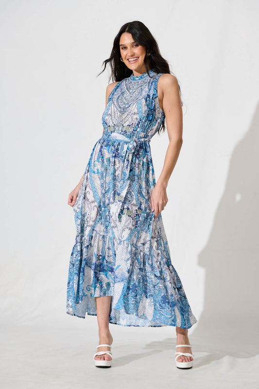 Codami Maxi Dress in Multi Blue with Gemstones