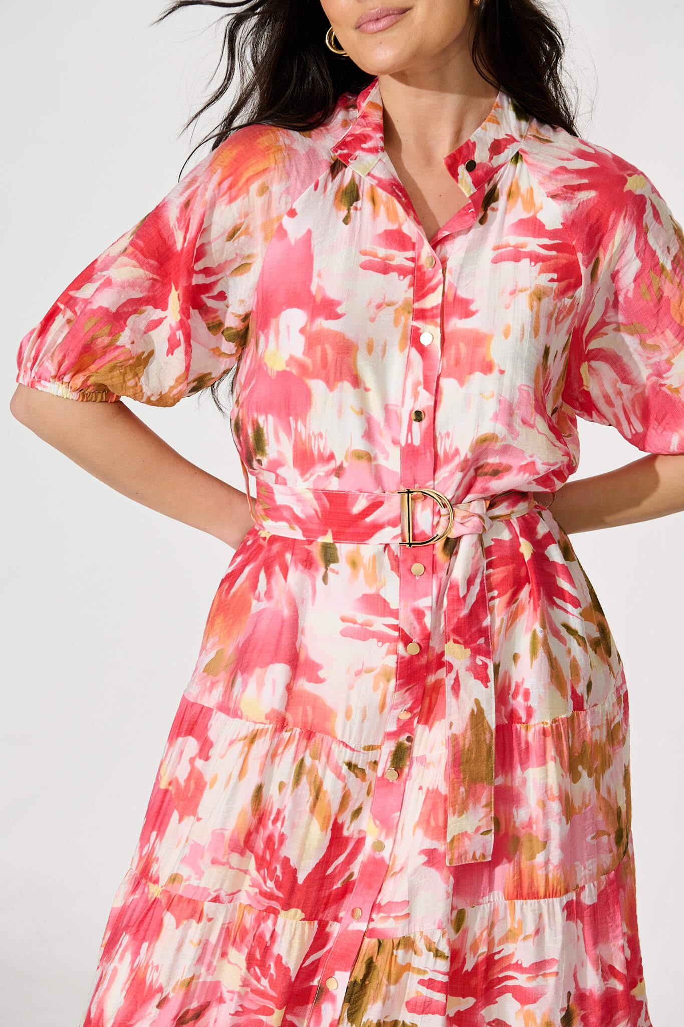 Buon Giorno Maxi Shirt Dress in Red with Multi Floral Print