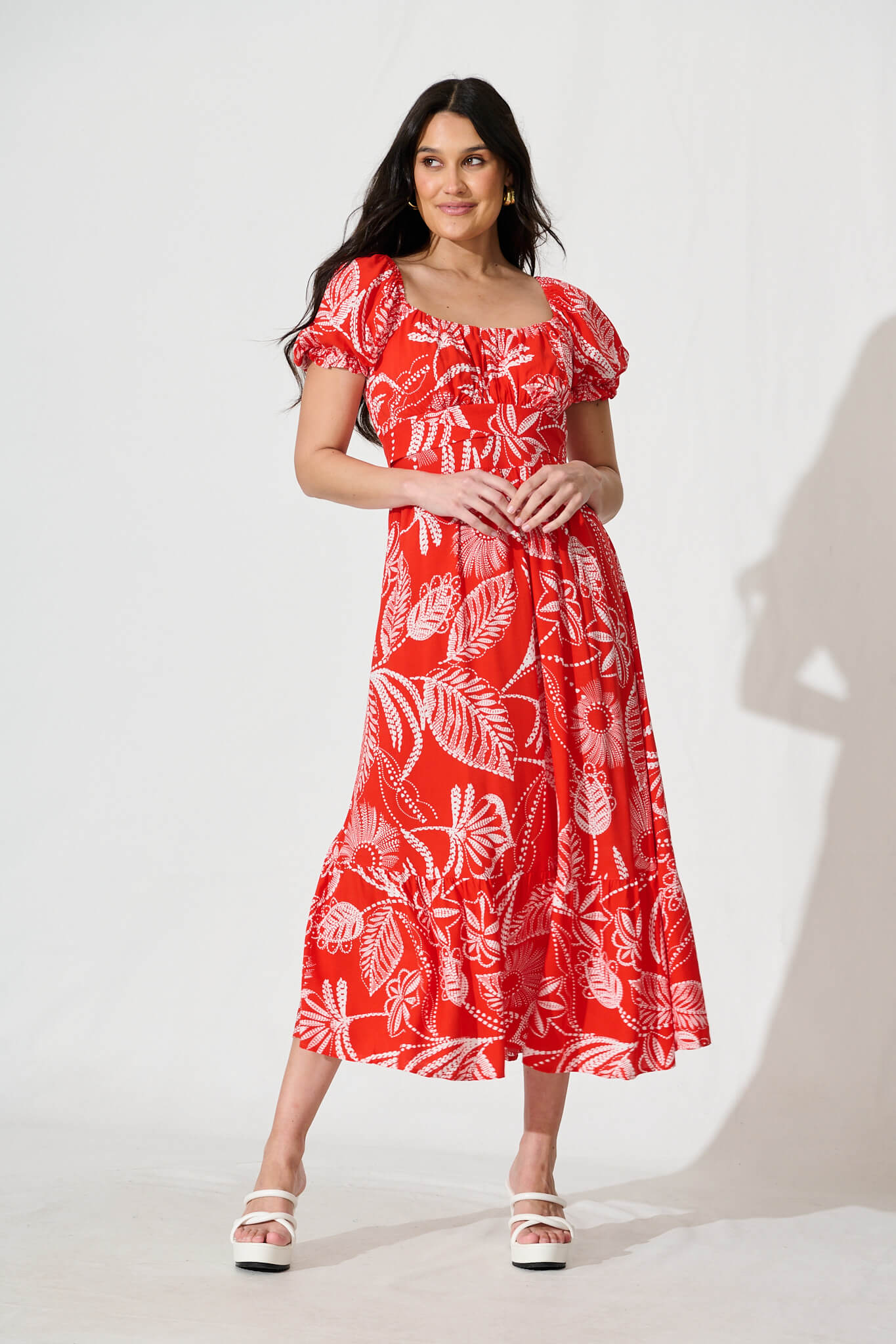 Candie Midi Dress In Red with White Print