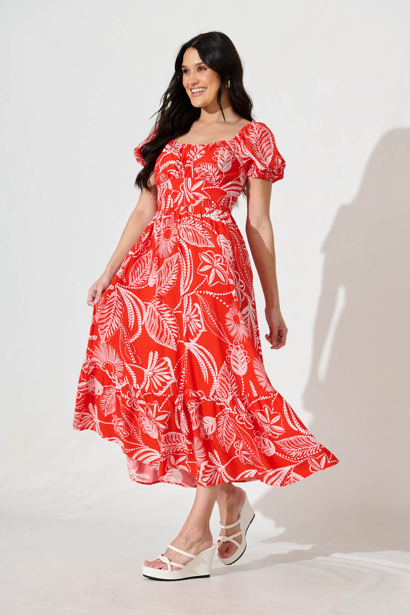 Candie Midi Dress In Red with White Print