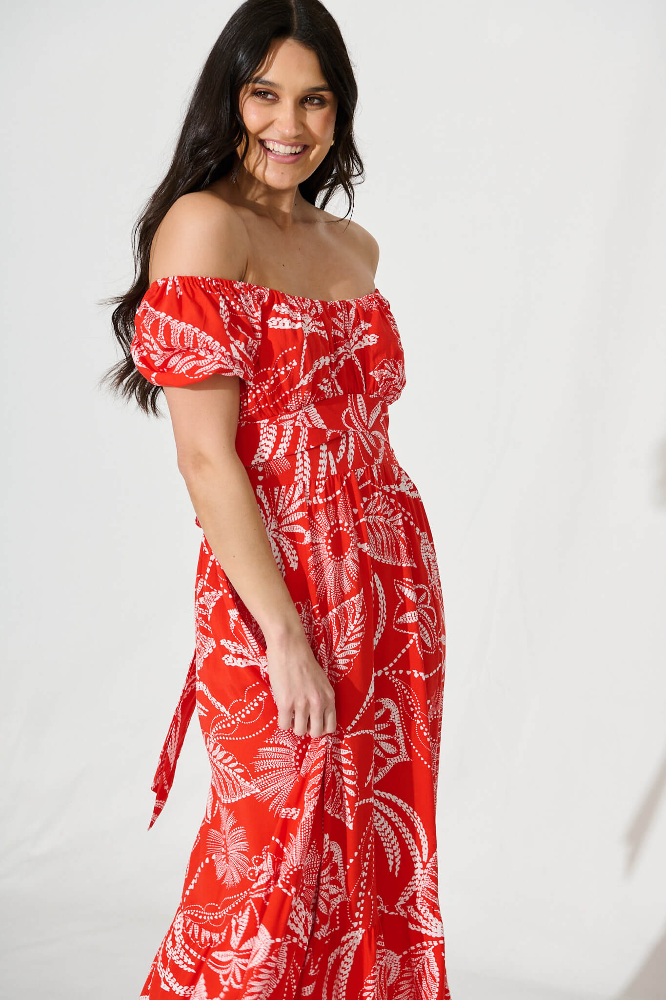 Candie Midi Dress In Red with White Print