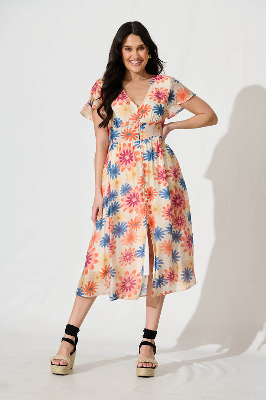Jocely Midi Dress In Cream with Tangerine Floral