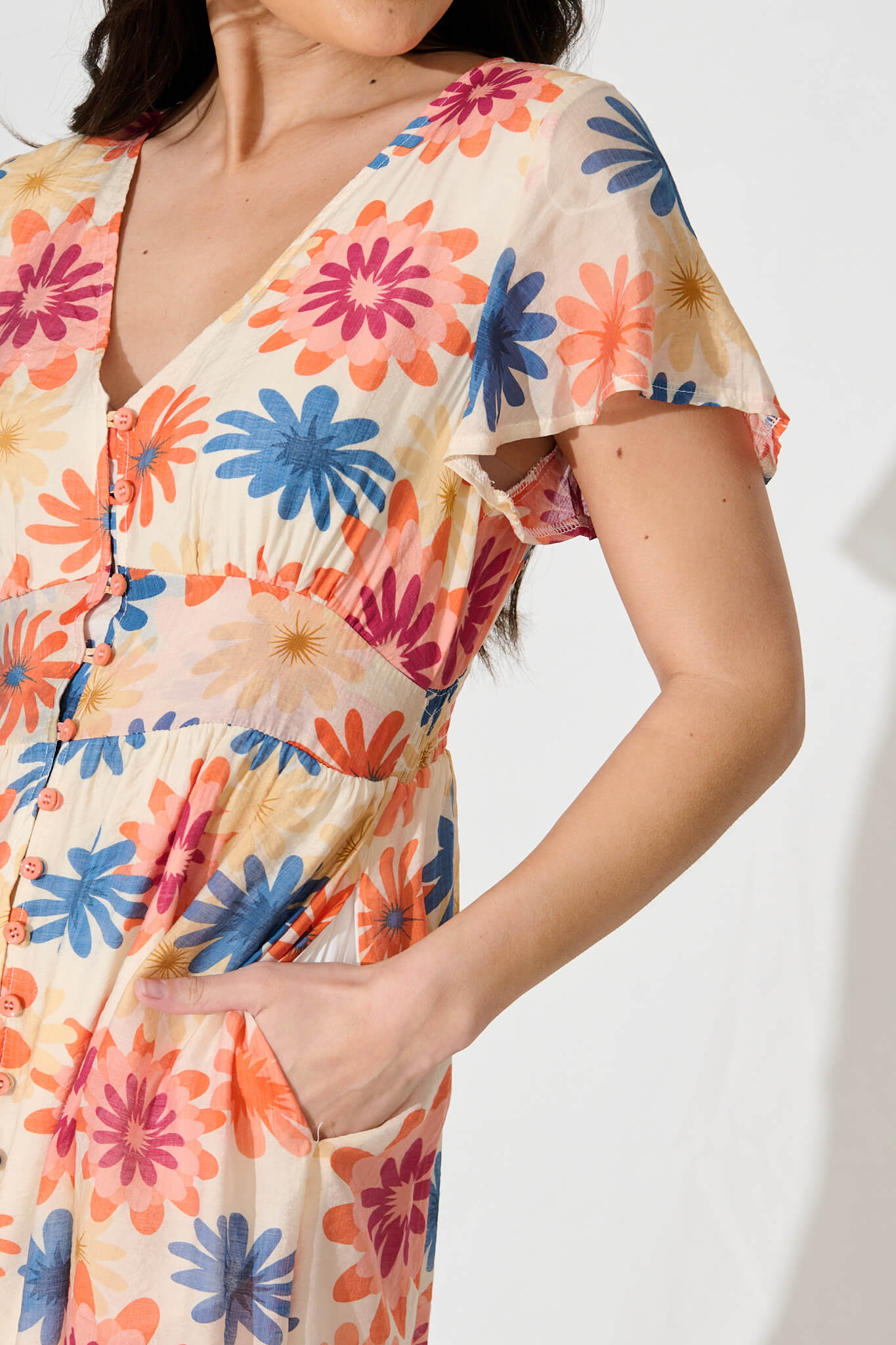 Jocely Midi Dress In Cream with Tangerine Floral