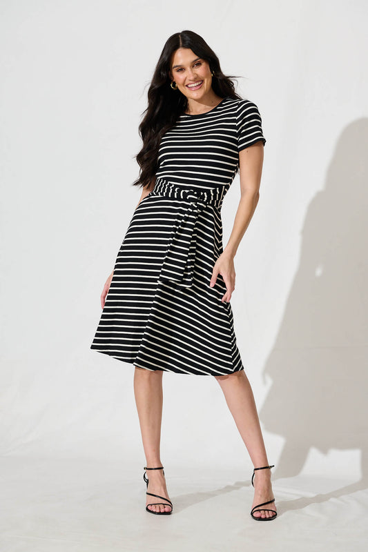 Natuna Midi Dress in Black and White Stripe