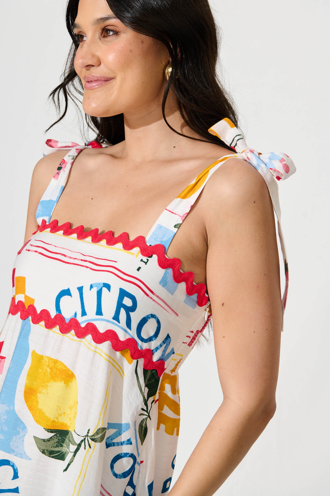 Somerset Maxi Sundress In White Lemon Print Ric Rac Trim