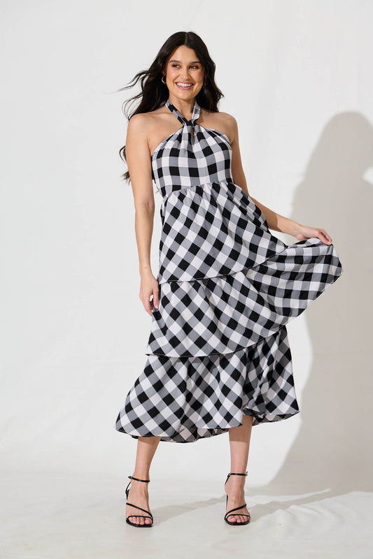 Dolson Halter Neck Midi Dress in Black and White Gingham