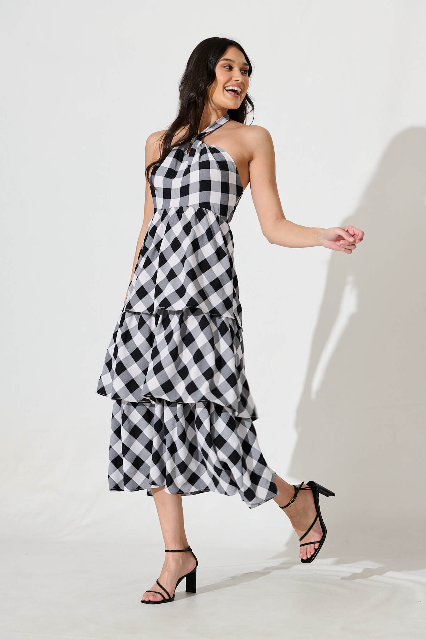 Dolson Halter Neck Midi Dress in Black and White Gingham
