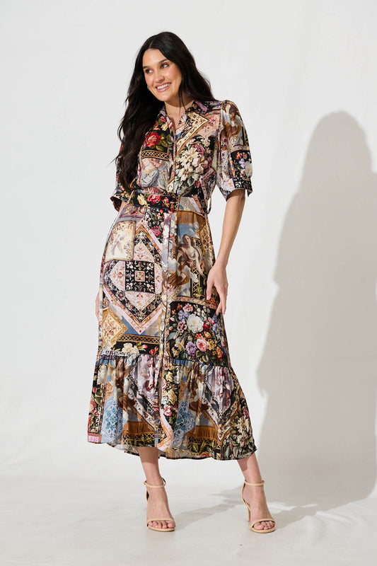 Allyna Midi Shirt Dress in Black Multi Patchwork