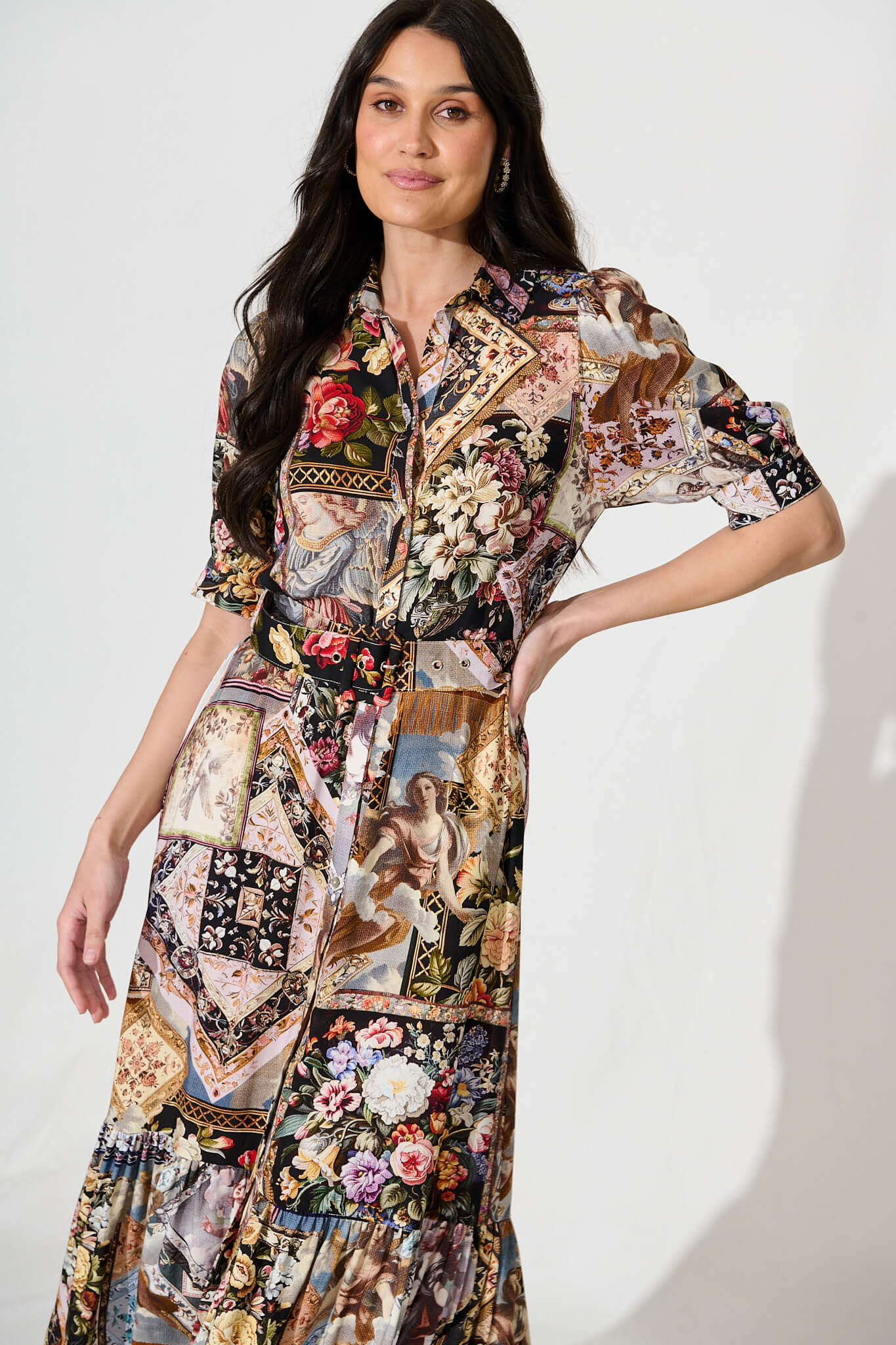 Allyna Midi Shirt Dress in Black Multi Patchwork