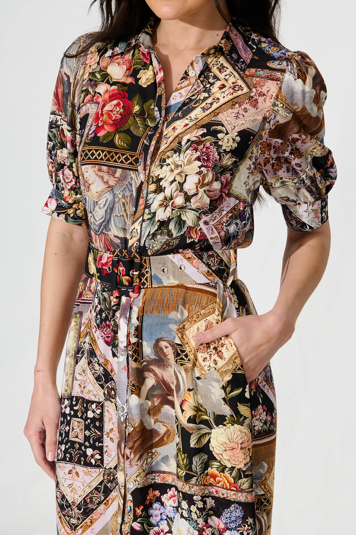 Allyna Midi Shirt Dress in Black Multi Patchwork