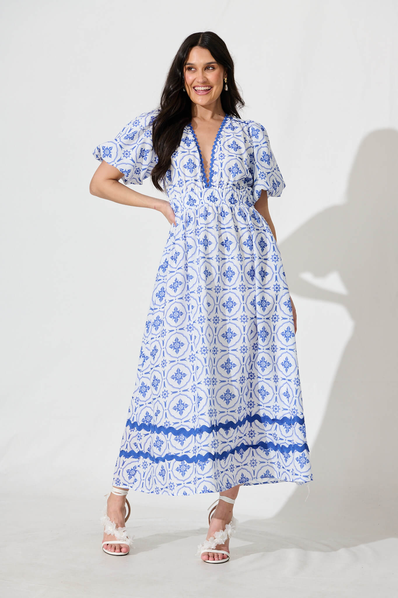Indi Maxi Dress in White with Blue Tile Linen Blend