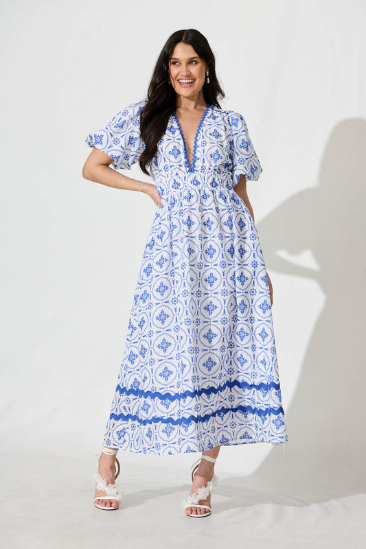 Indi Maxi Dress in White with Blue Tile Linen Blend