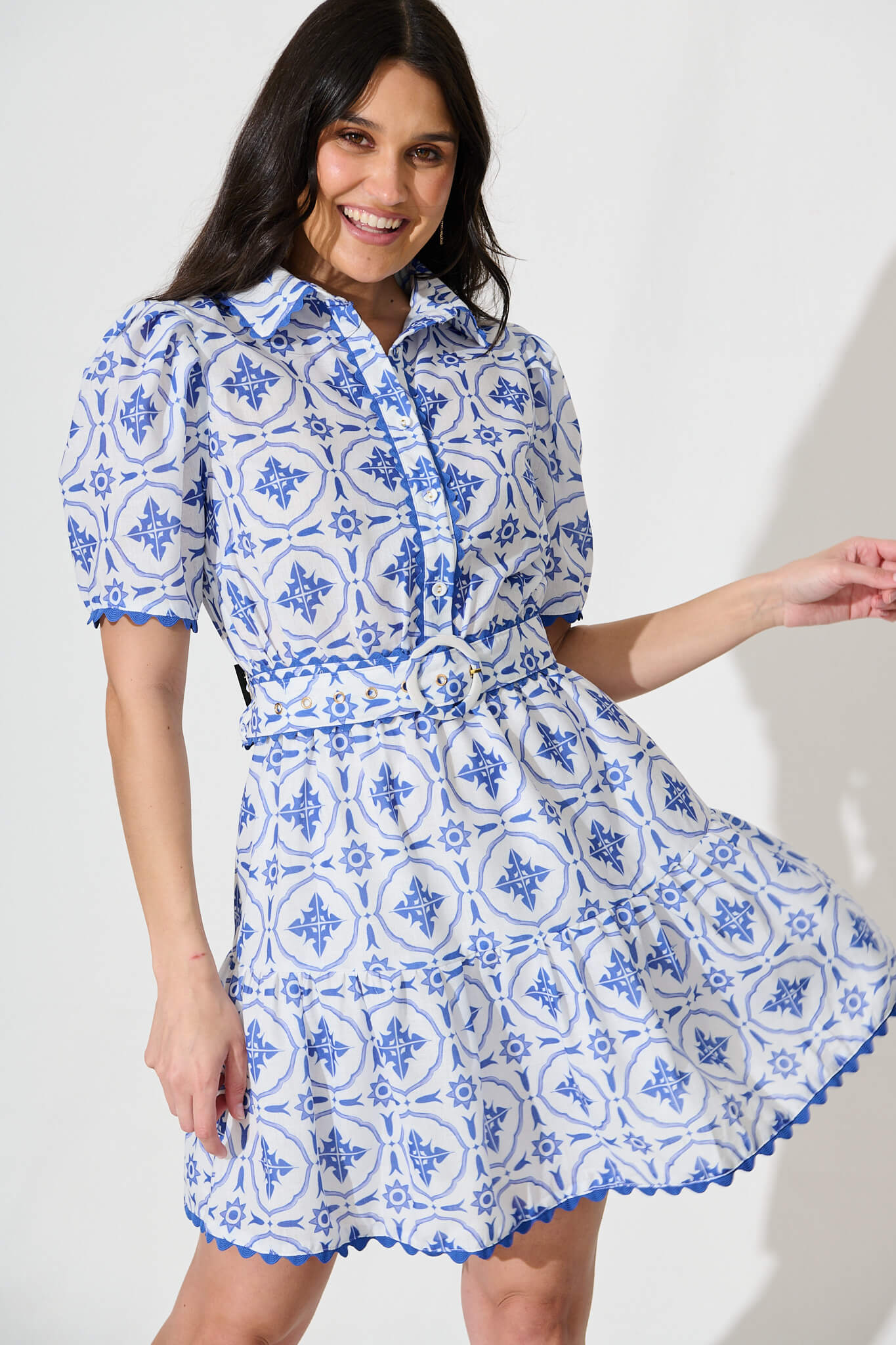 Sariah Dress in White with Blue Tile Linen Blend