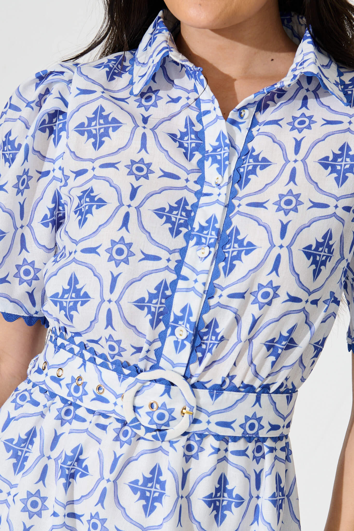 Sariah Dress in White with Blue Tile Linen Blend