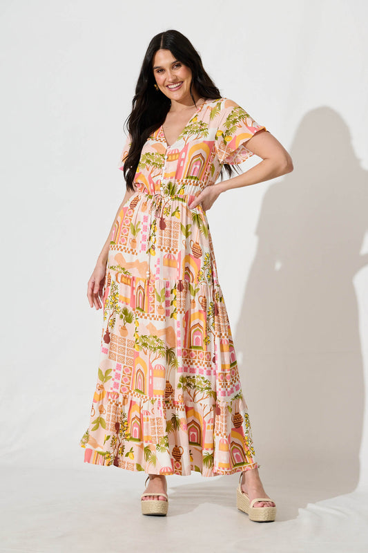 Lyra Maxi Dress in Blush with Multi Print