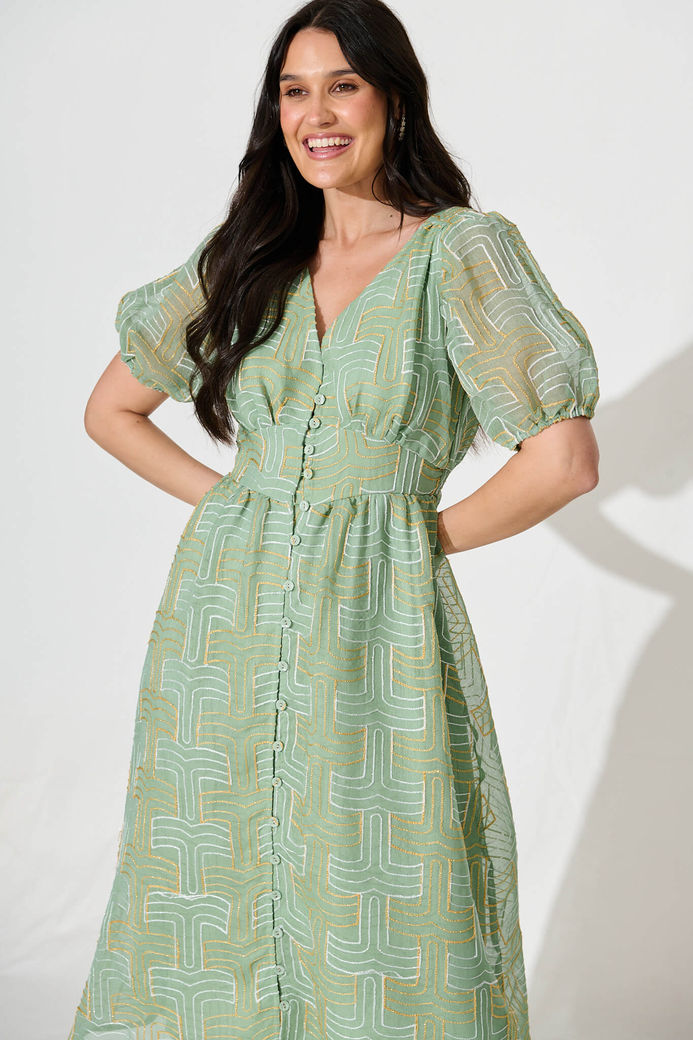 Evermore Midi Dress Pale Green with Lurex Embroidery